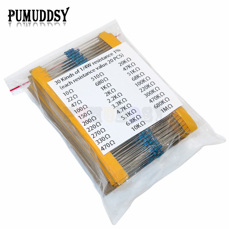 Resistor Kit 1 4W - 600 unids/set 30 tipos 1/4W resistencia